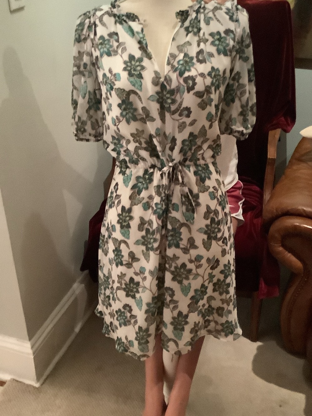 LOFT Cream Floral Tie-Waist Dress with Teal Accents